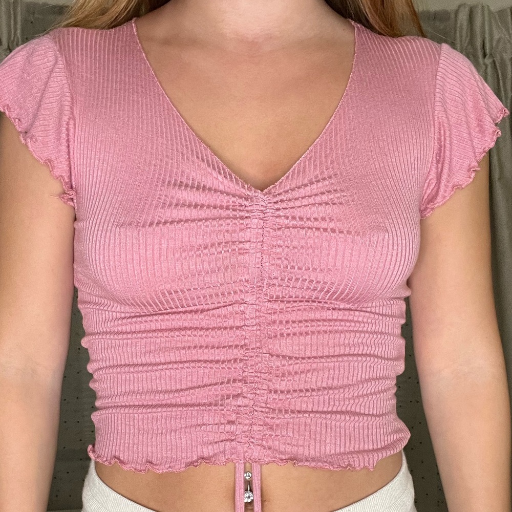 Print drawstring ruffle crop top